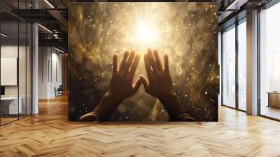 silhouette of believers hands reaching towards bright heavenly light spiritual concept Wall mural