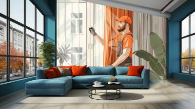 skilled craftsman installing elegant curtains home renovation and improvement digital illustration Wall mural