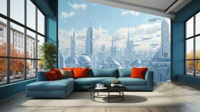 sleek 3d rendering of futuristic city with flying cars and towering skyscrapers scifi digital illustration Wall mural