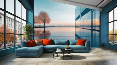 sleek modern glass architecture reflecting on calm water showcasing contemporary design Wall mural