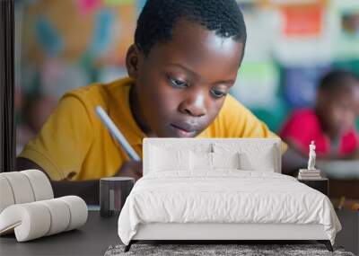 studious black boy writing in classroom focused learning and academic pursuit Wall mural