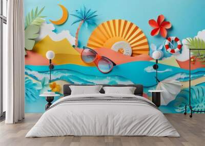 Summer vacation concept with unusual paper collage art design, trendy travel and leisure illustration, mixed media Wall mural