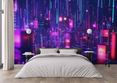 surreal 3d infographic cityscape with floating data cubes and neon streams Wall mural