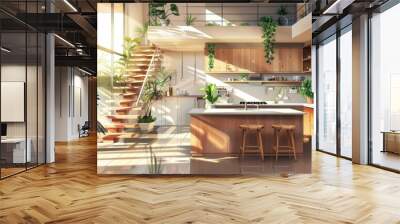 Sustainable midcentury modern interior with wooden staircase, kitchen island, and plants, architectural illustration Wall mural