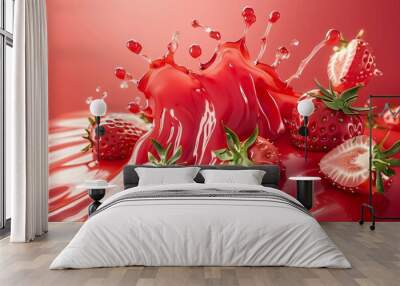 swirling strawberry juice or jam splash with ripe berries and slices vibrant red liquid fruit drink design element 3d render Wall mural