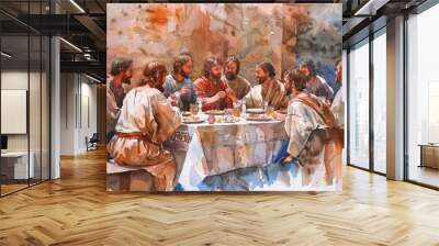 The Last Supper,Jesus Christ,Maundy Holy Thursday,New Testament scene,biblical watercolor illustration,Jesus and disciples,religious art,Christian faith,Bible story,Easter supper,Lord's supper Wall mural