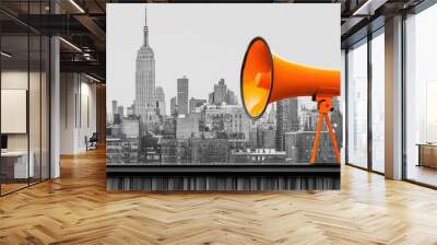 urban activism concept orange megaphone monochrome cityscape bold contrast Wall mural