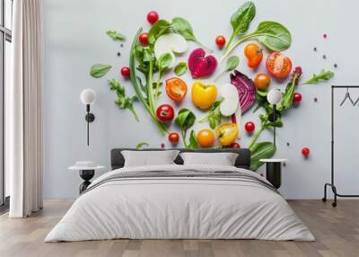 vibrant heart shape composition made of fresh colorful vegetables arranged on clean white background healthy eating concept Wall mural