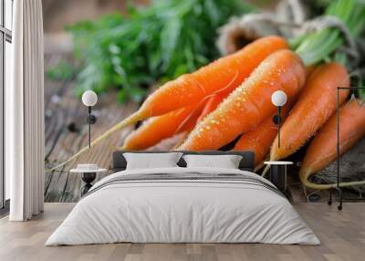 vibrant still life fresh carrots with dewdrops on rustic wooden table Wall mural