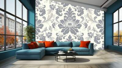 Vintage Floral Wallpaper with Seamless Pattern, White and Gray Retro Background Wall mural