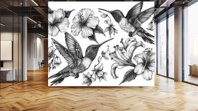 vintage style hummingbirds and exotic flowers on white background elegant tattoo design illustration Wall mural