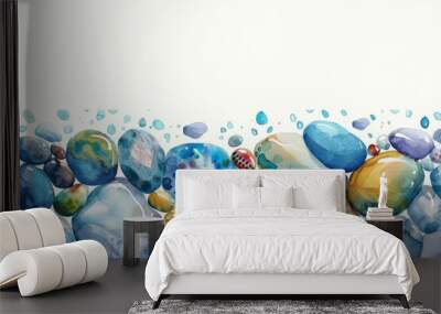 Watercolor illustration of colorful sea pebbles and stones, hand-painted underwater marine life border design Wall mural