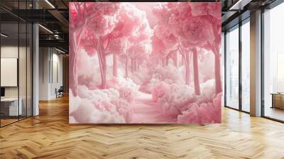 whimsical candy cotton trees in enchanted forest abstract pink dreamscape optimism concept Wall mural