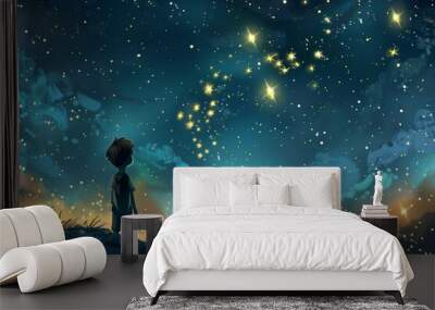 Whimsical illustration of boy gazing at starry night sky with glowing galaxy, hope and wonder concept Wall mural