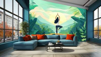 woman doing yoga in serene nature landscape healthy lifestyle and wellness concept banner illustration Wall mural