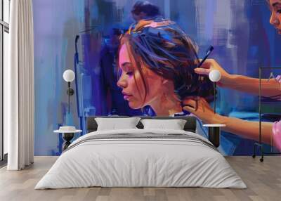 woman getting haircut from hairstylist at modern hair salon digital painting Wall mural