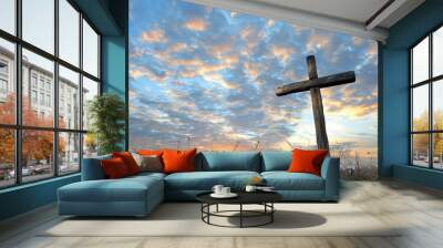 Wooden cross against a serene sky Symbolizing faith and renewal in the spirit of easter Wall mural