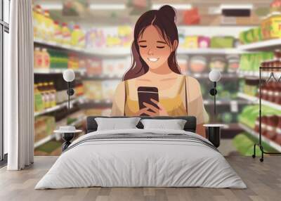 young woman smiling and using smartphone while grocery shopping in supermarket lifestyle illustration Wall mural