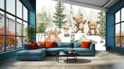 Cute animals in the forest. Illustration for wallpaper, decoration, poster.  Wall mural