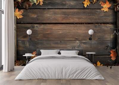 Autumn floral wooden texture frame with brown leaves Wall mural