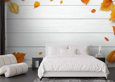 Autumn Leaves Scattered on Rustic White Wooden Background Wall mural