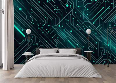 Detailed teal and black circuit board background featuring intricate electronic lines and patterns Wall mural