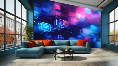 Digital communication and online chat concept, stream of message icons flowing on abstract background. Technology of internet, social network and global connection. Wall mural