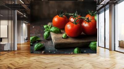 Fresh Red Tomatoes on Rustic Wooden Board Wall mural