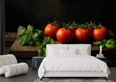 Fresh Tomatoes with Basil on a Rustic Wooden Cutting Board Wall mural