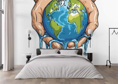 hand holding melting earth - hand drawn cartoon style Wall mural