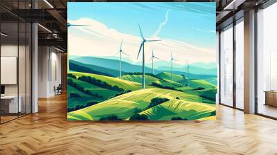 illustration of a wind turbine generating electricity on a hill - cloudy sky background Wall mural