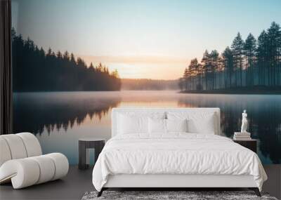 Misty Morning Sunrise over Still Lake Wall mural