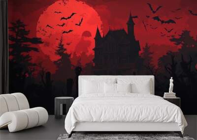 Silhouette of castle against a dark, moonlit sky, with a gothic cathedral and towering architecture casting long shadows in the Halloween night scene Wall mural