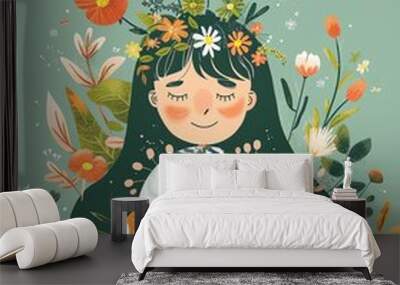 Young Girl Cherishing earth and Wildlife in Lush Nature Illustration Wall mural