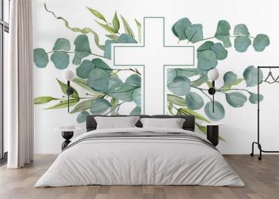 Christian cross with green leaves. Watercolor illustration for Easter, Baptism, Christening, invitations, cards, packaging. Wall mural