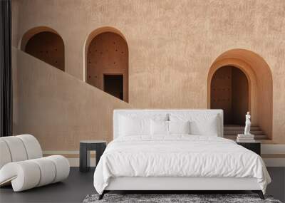 A minimalist composition of a traditional omani adobe building, featuring a staircase and arched doorway, capturing the essence of oman's architectural heritage Wall mural