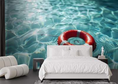 A vivid red lifesaving ring gently floats on the crystal clear waters of a serene swimming pool,rippling under the soft sunlight . Wall mural