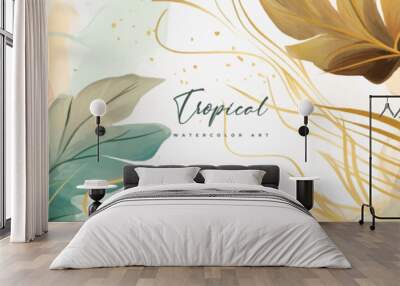 Abstract art gold tropical leaves background vector. Luxury wallpaper with watercolor, tropical leaf framed, palm leaf, flower,Vivid foliage, exotic green and gold brush glitter. Wall mural