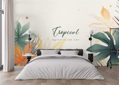 Abstract art gold tropical leaves background vector. Luxury wallpaper with watercolor, tropical leaf framed, palm leaf, flower,Vivid foliage, exotic green and gold brush glitter. Wall mural