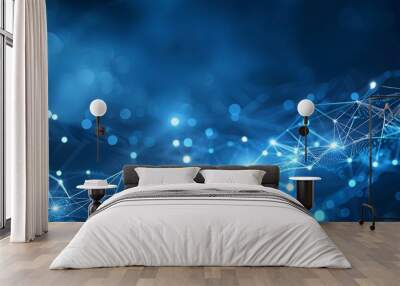 Abstract connected dots on bright blue background. Technology concept Wall mural