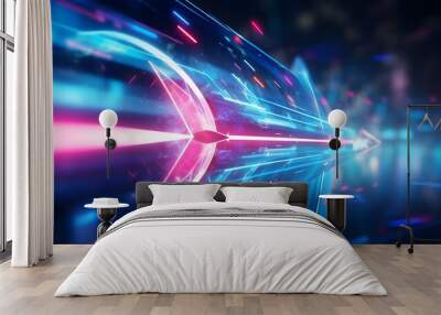 abstract neon arrow. Speed and technology concept. Glowing pink blue lines and bokeh lights, AI Generative Wall mural