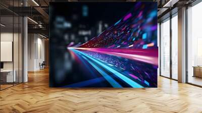 abstract neon arrow. Speed and technology concept. Glowing pink blue lines and bokeh lights, AI Generative Wall mural