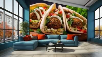 Authentic fresh falafel balls inside of two halves of pita bread sandwich with chopped salad, red hot peppers, lemon, a drizzle of tahini sauce. chickpea falafel in a fluffy pita on a wooden board Wall mural