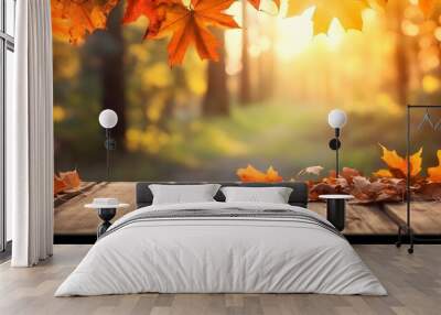 Autumn Table - Orange Leaves And Wooden Plank At Sunset In Forest, AI Generative Wall mural