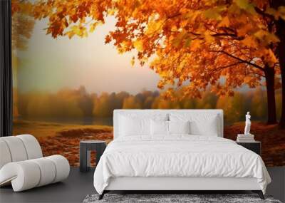 Beautiful autumn landscape with. Colorful foliage in the park. Falling leaves natural background. AI generative Wall mural