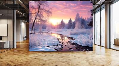 beautiful winter landscape with forest, trees and sunrise. winterly morning of a new day. purple winter landscape with sunset Wall mural