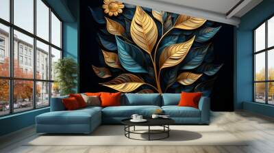 Blue and gold tree leaves design. Great for wall art and home decor. Golden and dark blue leaves on black background . Ai generative. Wall mural