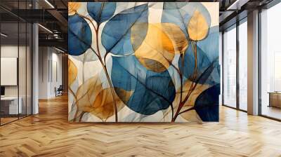 Blue transparent textured tree leaves design. Great for wall art and home decor. Watercolor transparent golden and dark blue leaves . Ai generative. Wall mural