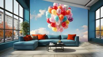 Bouquet, bunch of balloons flying up in the sky Wall mural