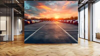 Car parking in parking lot near a wide asphalt road with beautiful colorful cloudy sky background under sunlight in sunny day Wall mural